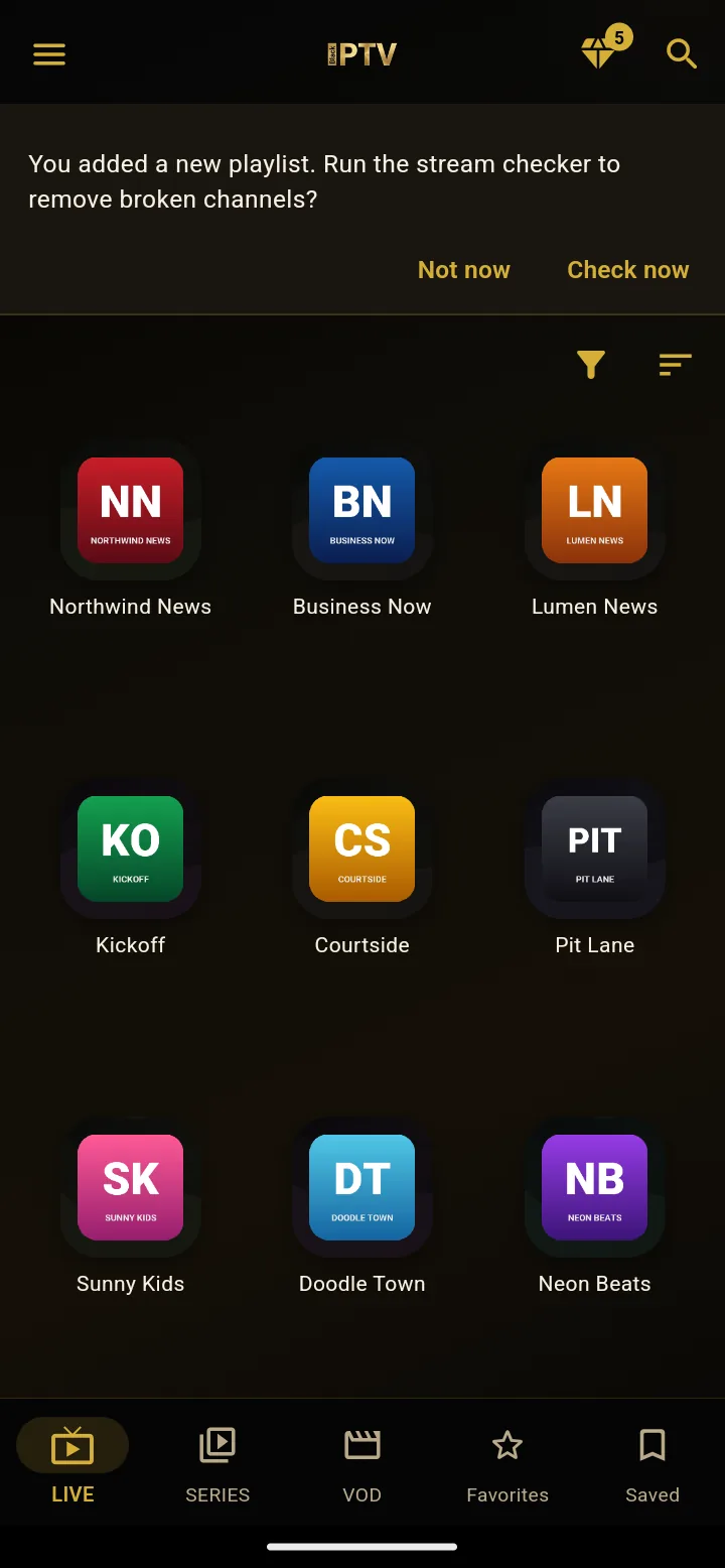 Black IPTV offering the Stream Checker after a playlist is added